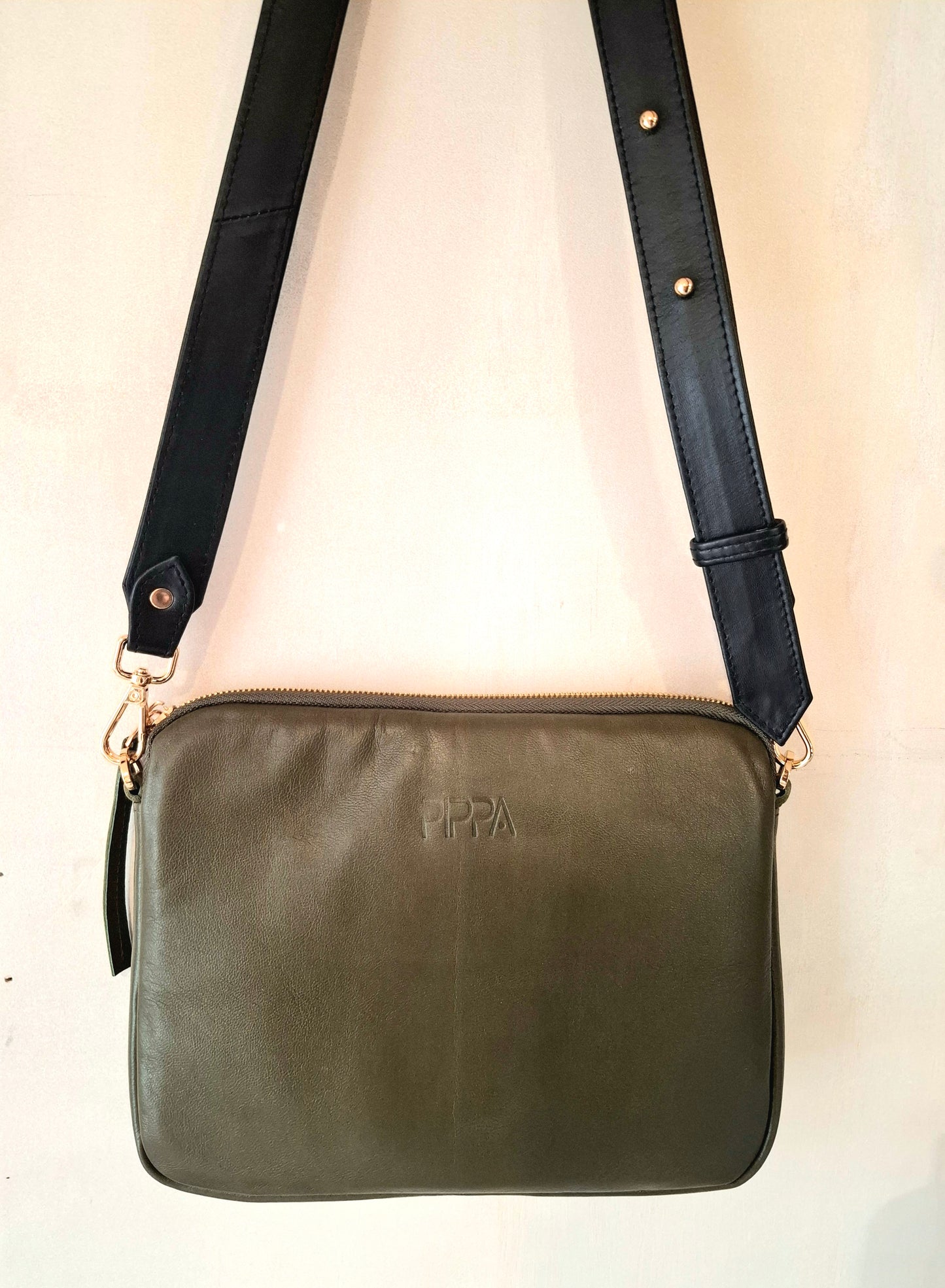 City Bag - Olive with gold hardware and black leather strap