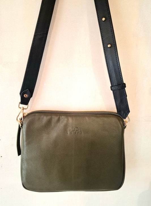 City Bag - Olive with gold hardware and black leather strap