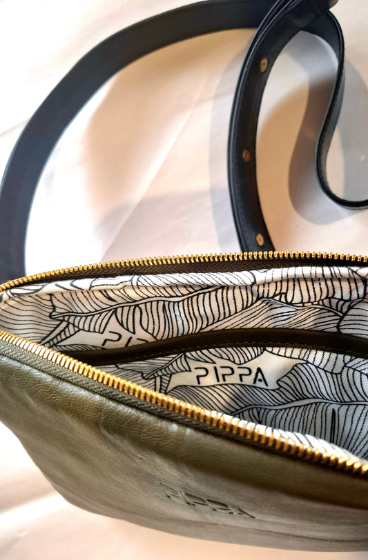 City Bag - Olive with gold hardware and black leather strap